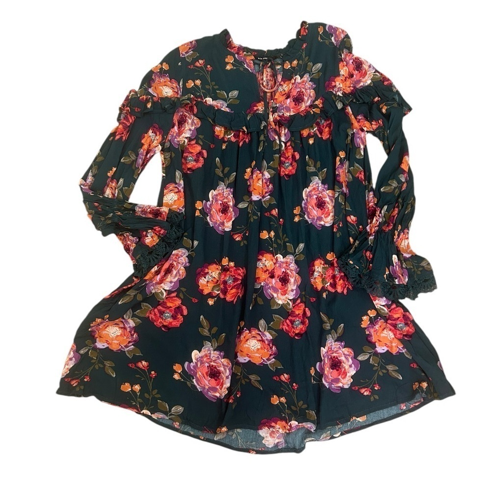 Blu Pepper Green Floral Ruffled Dress Lace Trim Bell Sleeves Womens Sz Large - Picture 4 of 14